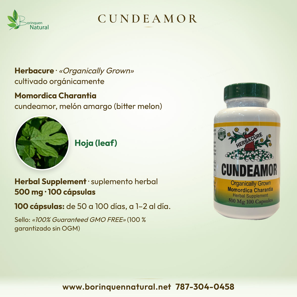 Cundeamor Herbacure cultivado orgánicamente, Momordica Charantia, hoja (leaf), 500 mg, 100 cápsulas: de 50 a 100 días