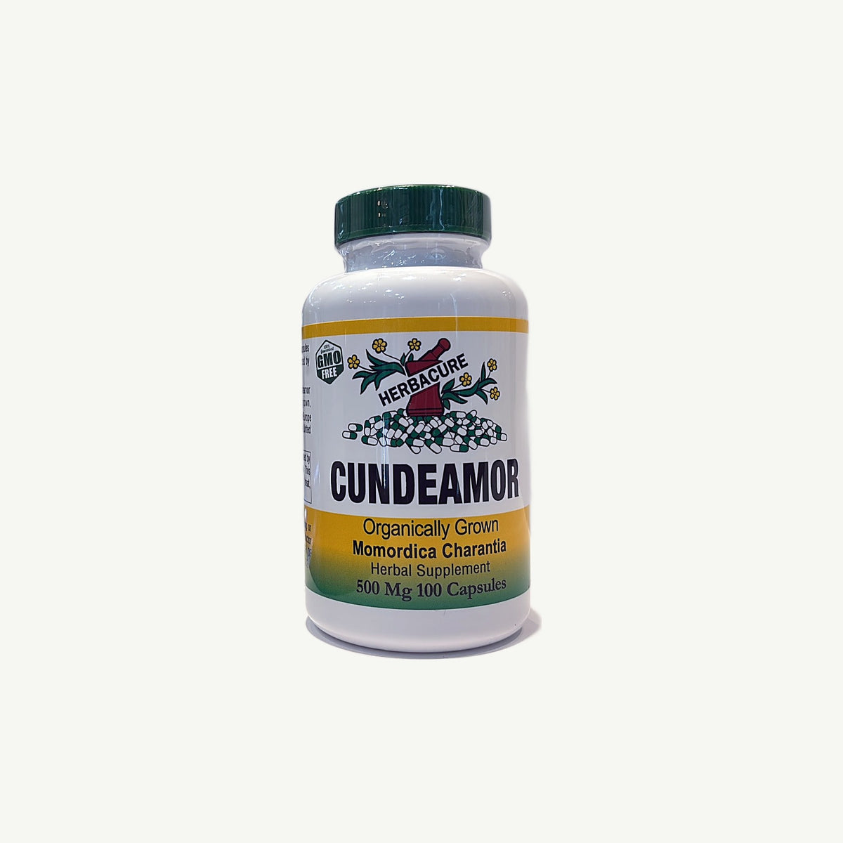 Frente del frasco de Cundeamor Herbacure: Organically Grown, Momordica Charantia, Herbal Supplement, 500 Mg, 100 Capsules