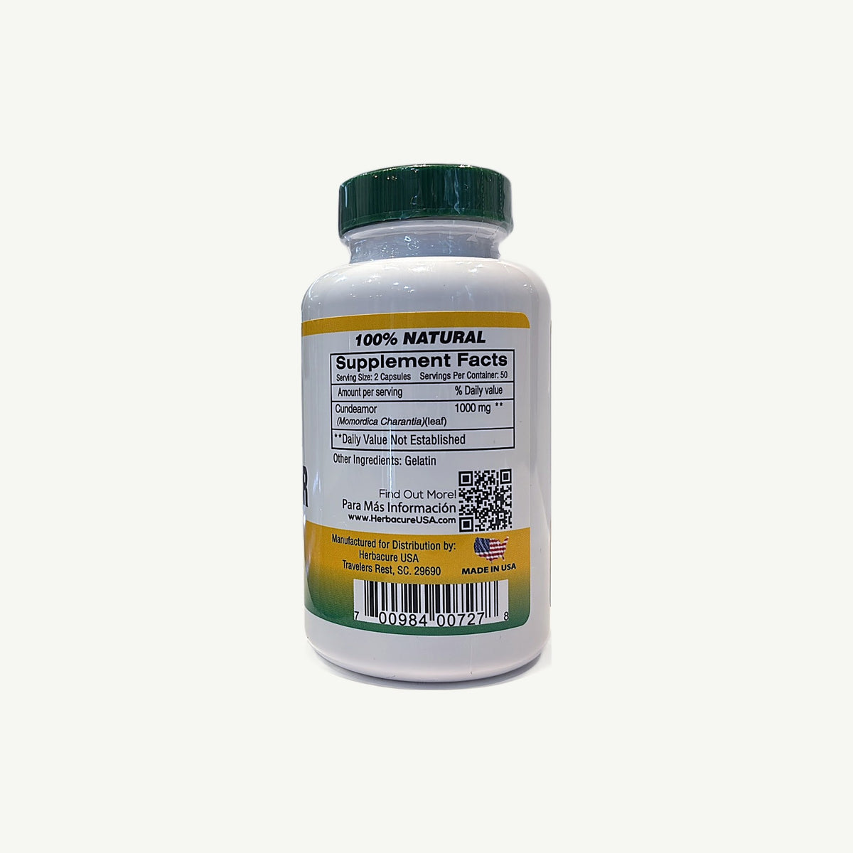 Supplement Facts del Cundeamor Herbacure: 2 cápsulas, 50 porciones, (leaf) 1000 mg, gelatina y código 700984007278