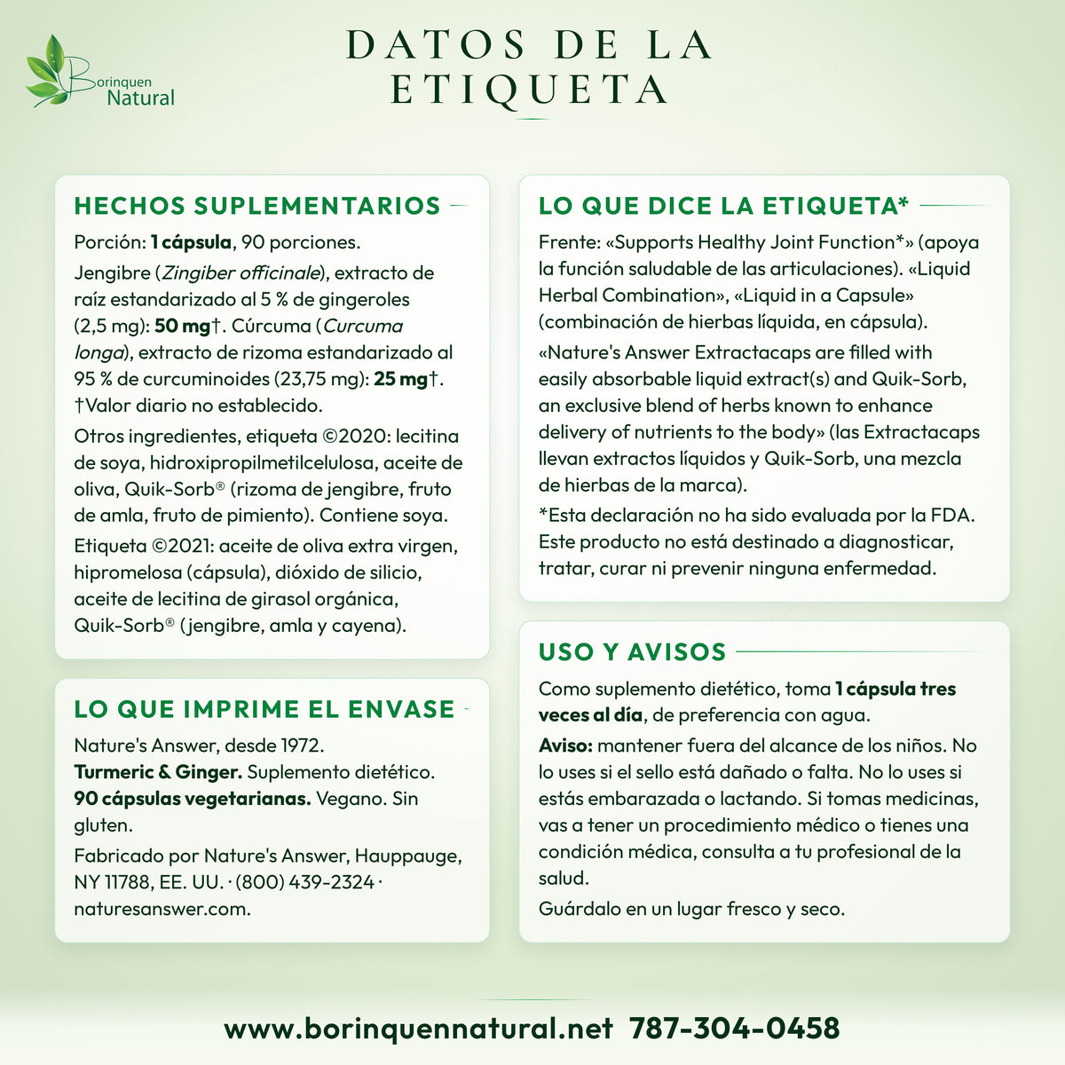Datos de la etiqueta de Turmeric & Ginger de Nature's Answer: hechos suplementarios, frases, uso y avisos