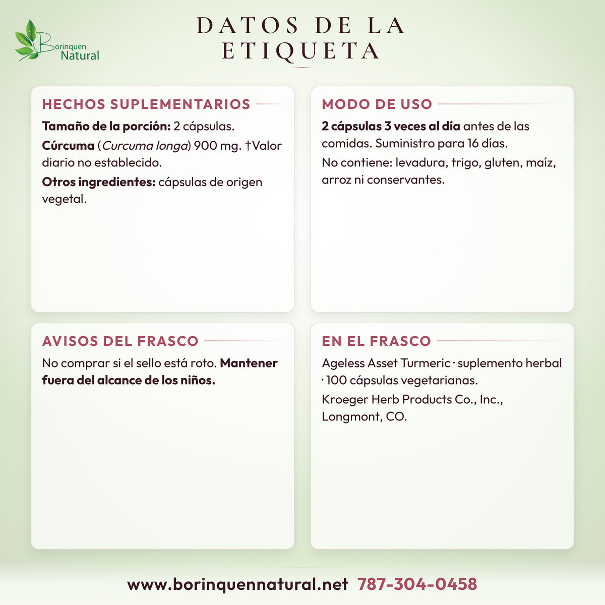 Datos de la etiqueta de la cúrcuma Ageless Asset de Kroeger Herb: hechos suplementarios, otros ingredientes, modo de uso y avisos del frasco