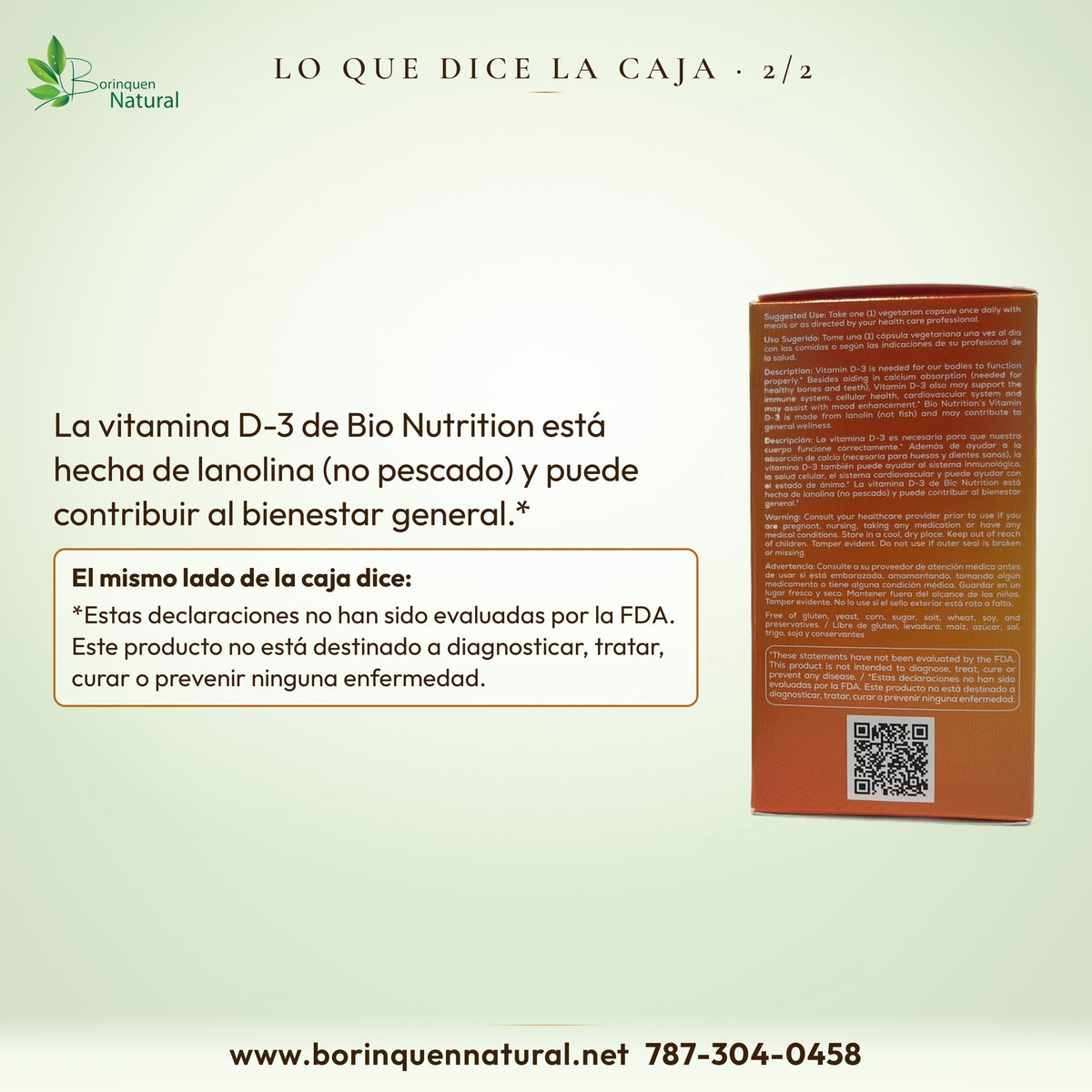 Lo que dice la caja de la D-3 Bio Nutrition: hecha de lanolina (no pescado), puede contribuir al bienestar general