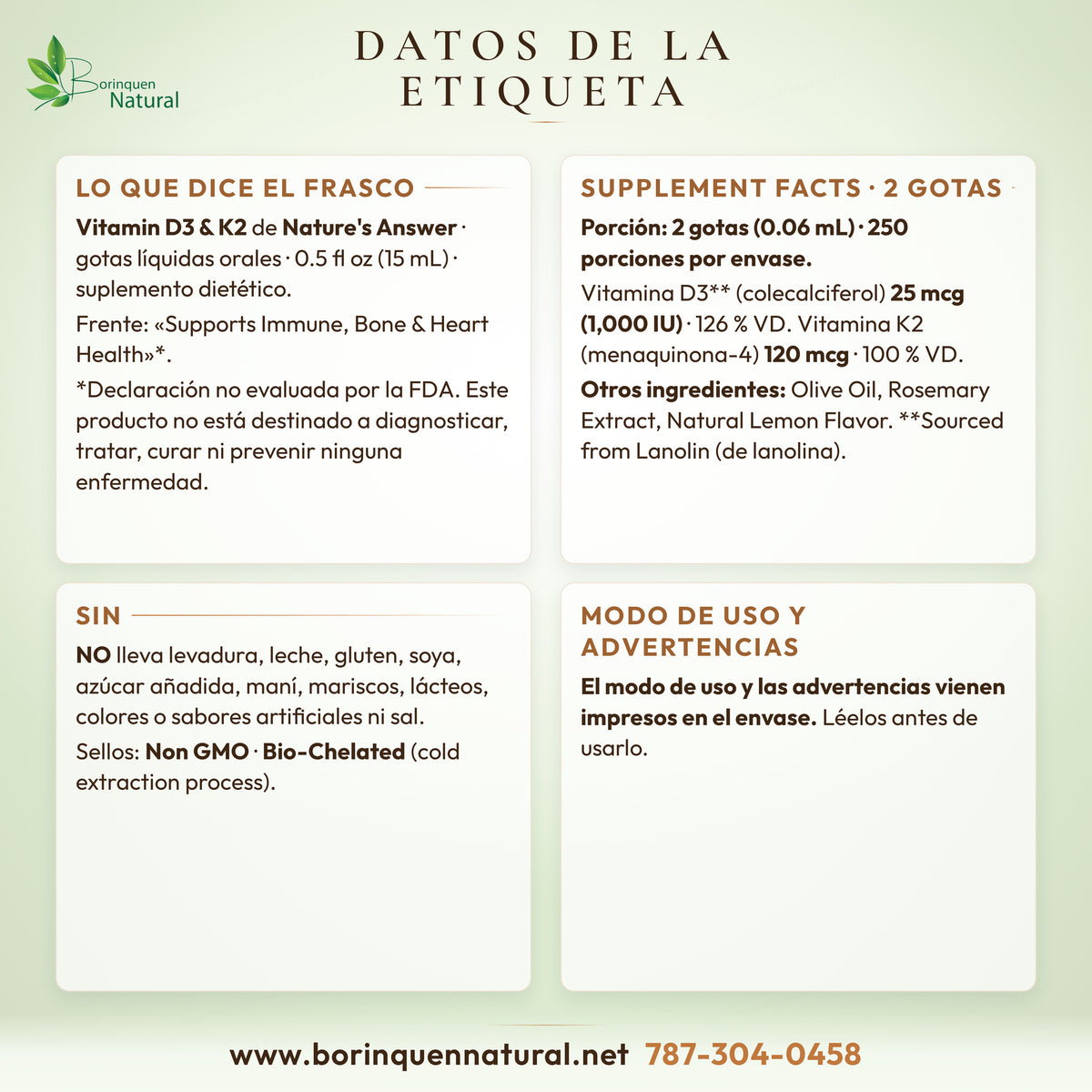 Datos de Vitamina D3 y K2 de Nature's Answer: lo que dice el frasco, Supplement Facts e ingredientes