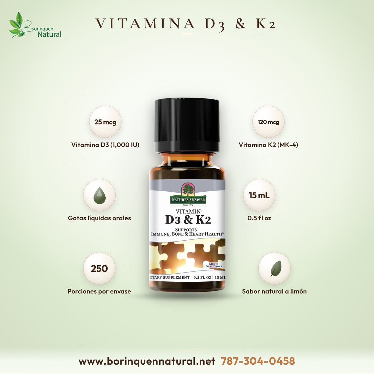 Vitamina D3 y K2 de Nature's Answer en gotas líquidas orales, frasco de 0.5 fl oz (15 mL)