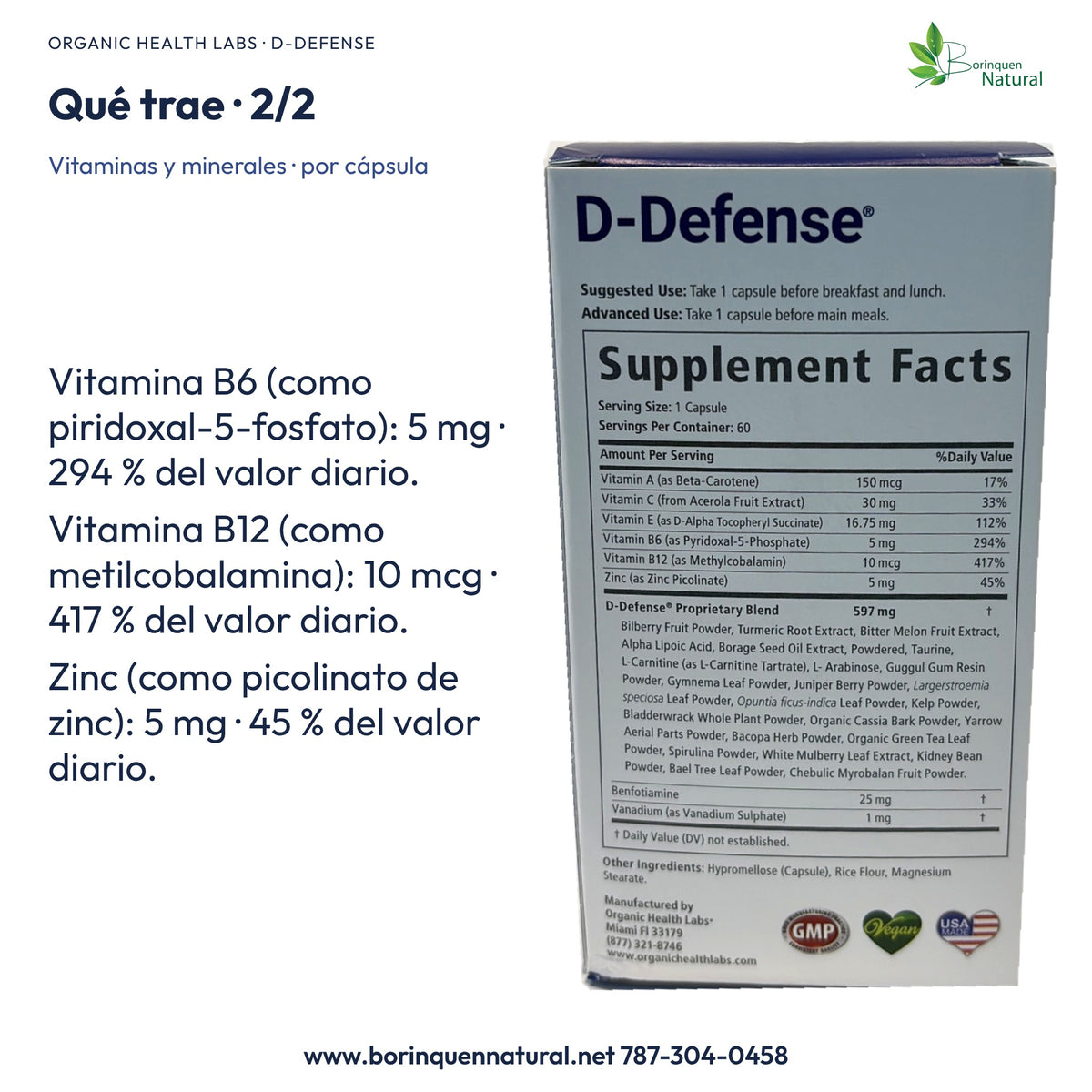 D-Defense: B6 5 mg, B12 10 mcg y zinc 5 mg, con sus formas y porcentajes del valor diario.