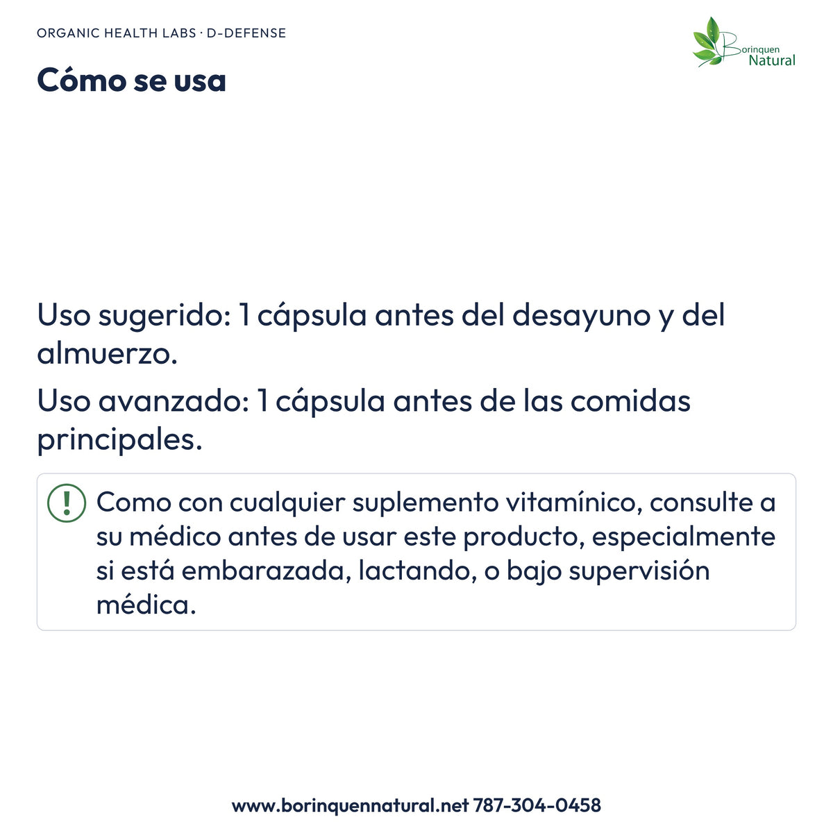 D-Defense: uso sugerido antes del desayuno y almuerzo, uso avanzado antes de comidas principales y precaución.