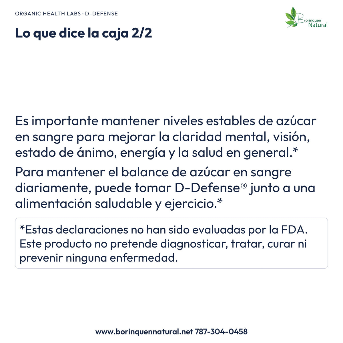 D-Defense: declaraciones de la caja sobre bienestar, alimentación y ejercicio, con aviso FDA completo.