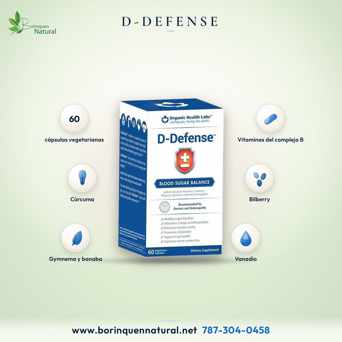 D-Defense de Organic Health Labs: caja de 60 cápsulas vegetarianas, Blood Sugar Balance; lámina de portada.
