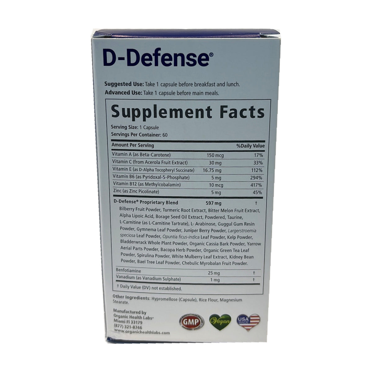 Panel Supplement Facts y modo de uso de D-Defense, porción de 1 cápsula y 60 porciones por envase.