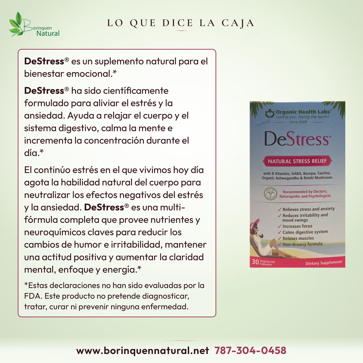 Lo que dice la caja de DeStress en español: suplemento natural para el bienestar emocional, con su aviso de la FDA (1 de 2)