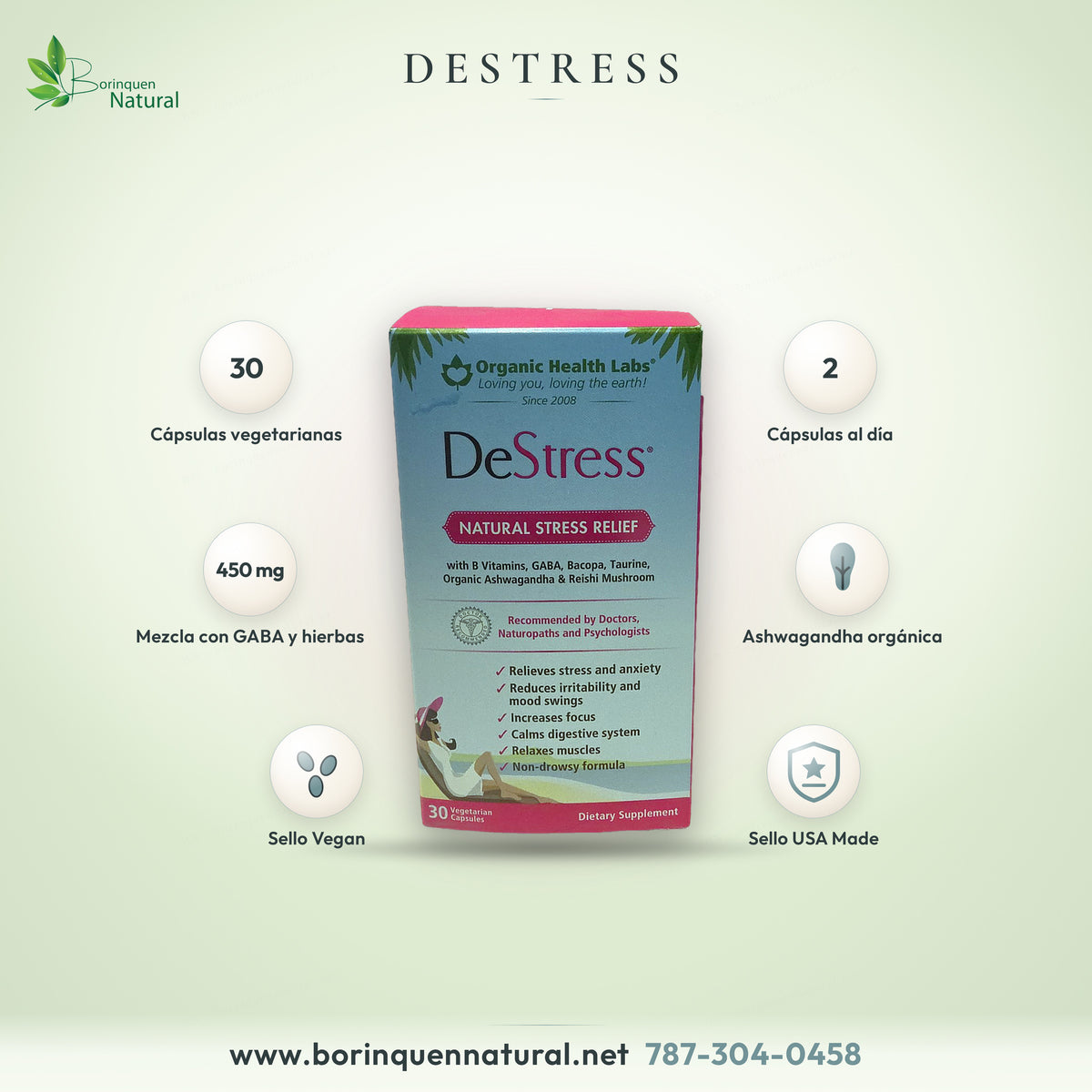 DeStress Natural Stress Relief by Organic Health Labs, with B vitamins, GABA, bacopa, ashwagandha and reishi, 30 capsules