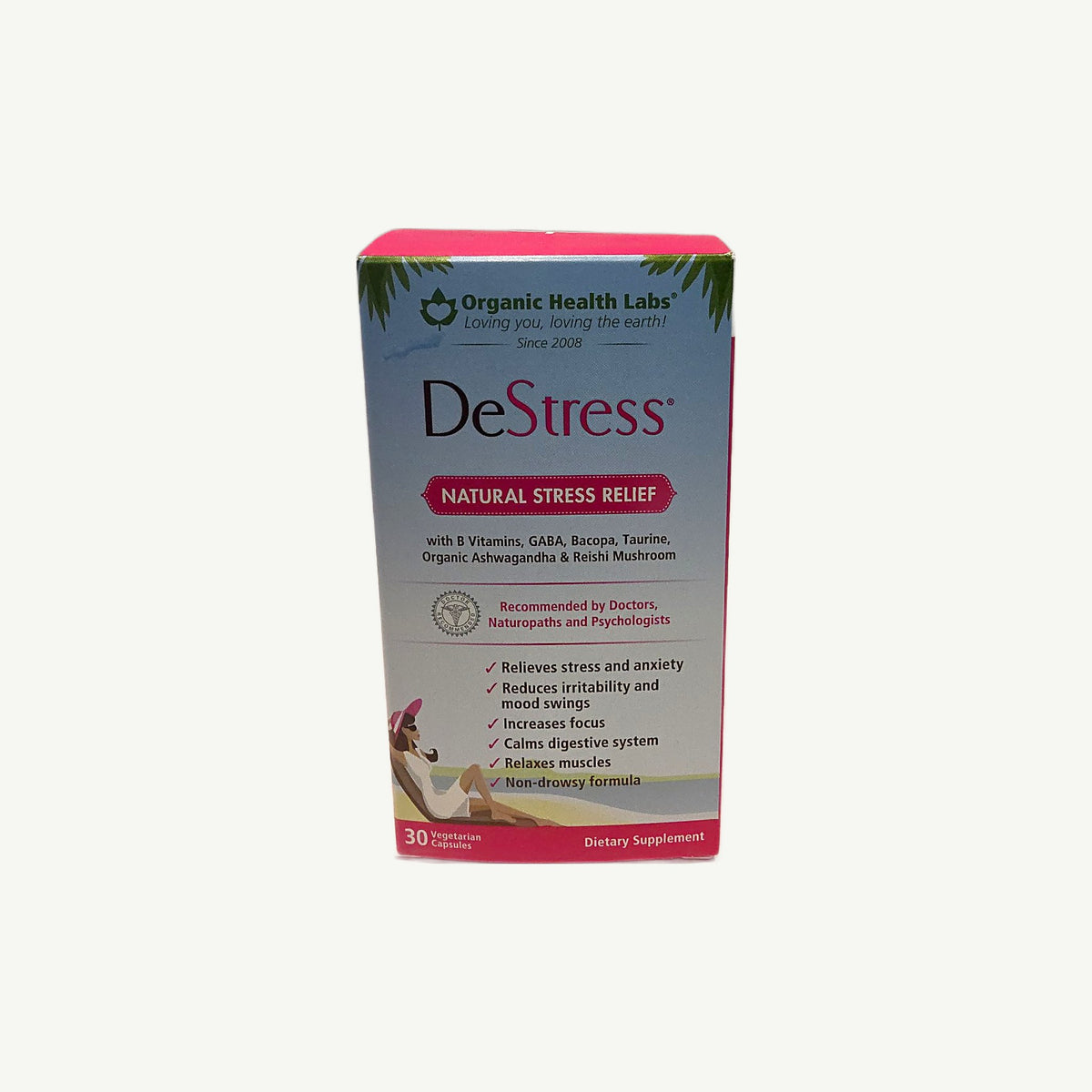 Frente de la caja de DeStress, Natural Stress Relief, Organic Health Labs, 30 cápsulas vegetarianas