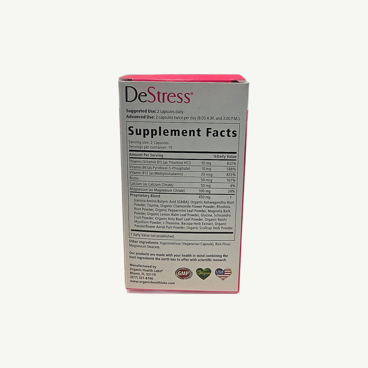 Supplement Facts de DeStress: modo de uso, vitaminas B, magnesio 100 mg y mezcla de 450 mg con GABA y ashwagandha