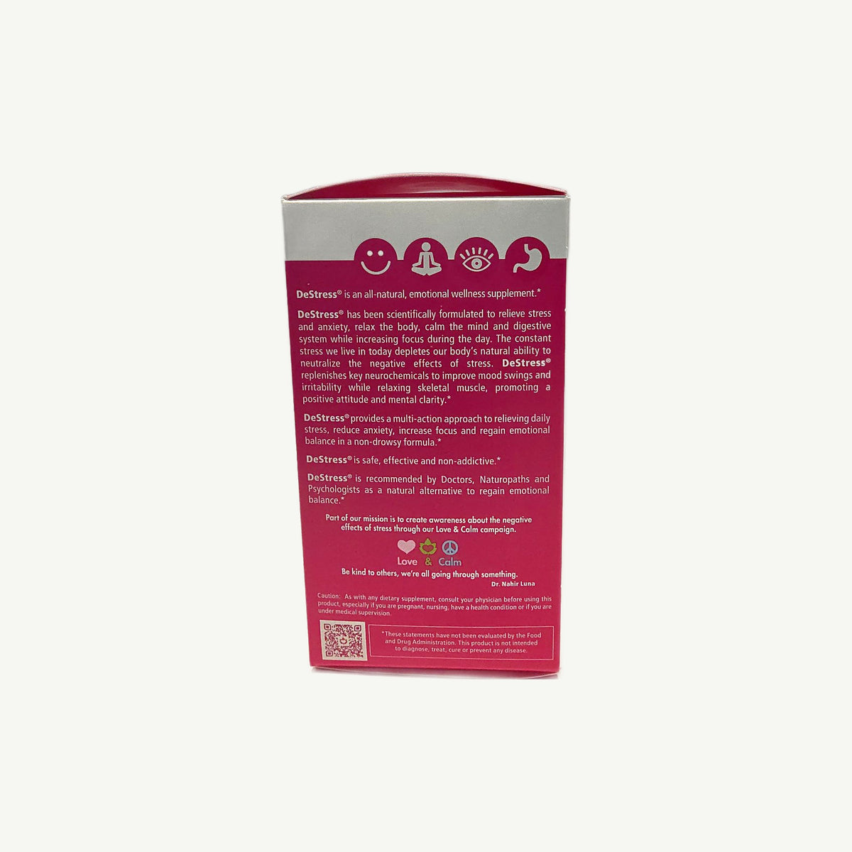Costado en inglés de DeStress: emotional wellness supplement, non-drowsy, y precaución
