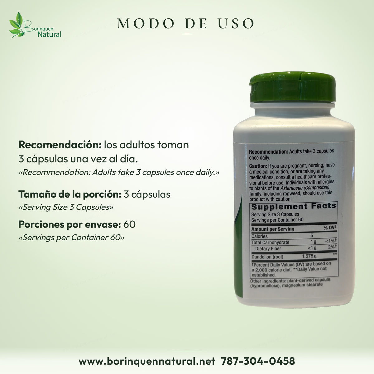 Modo de uso de la raíz de diente de león Nature's Way: los adultos toman 3 cápsulas una vez al día