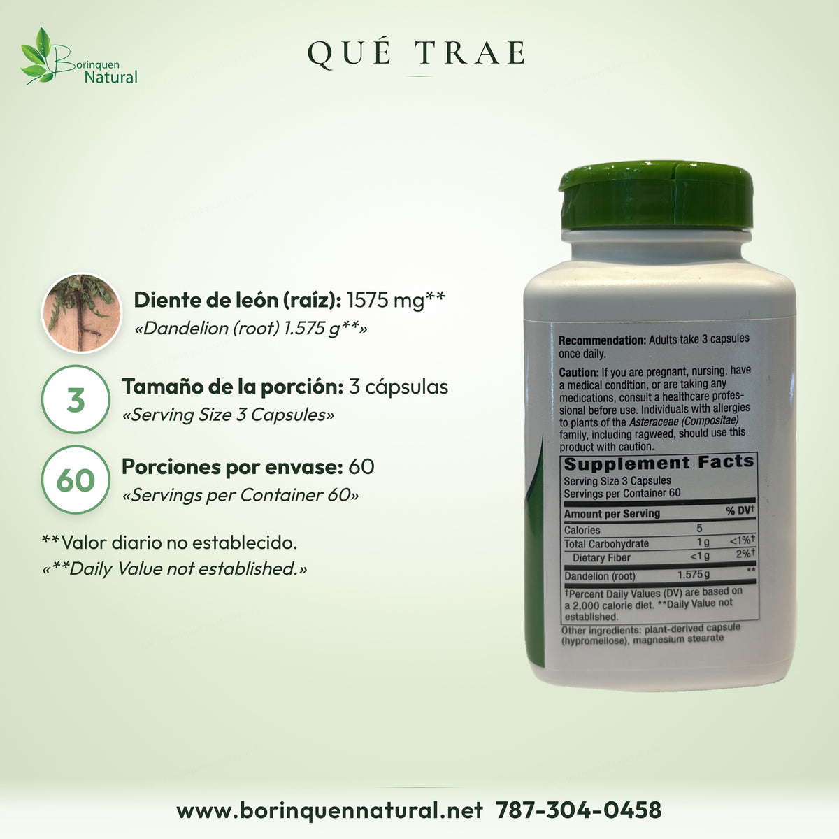 Qué trae la raíz de diente de león Nature's Way: 1575 mg de raíz por porción de 3 cápsulas y 60 porciones por envase