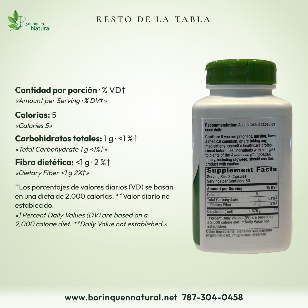 Resto de la tabla del diente de león Nature's Way: 5 calorías, 1 g de carbohidratos totales y menos de 1 g de fibra