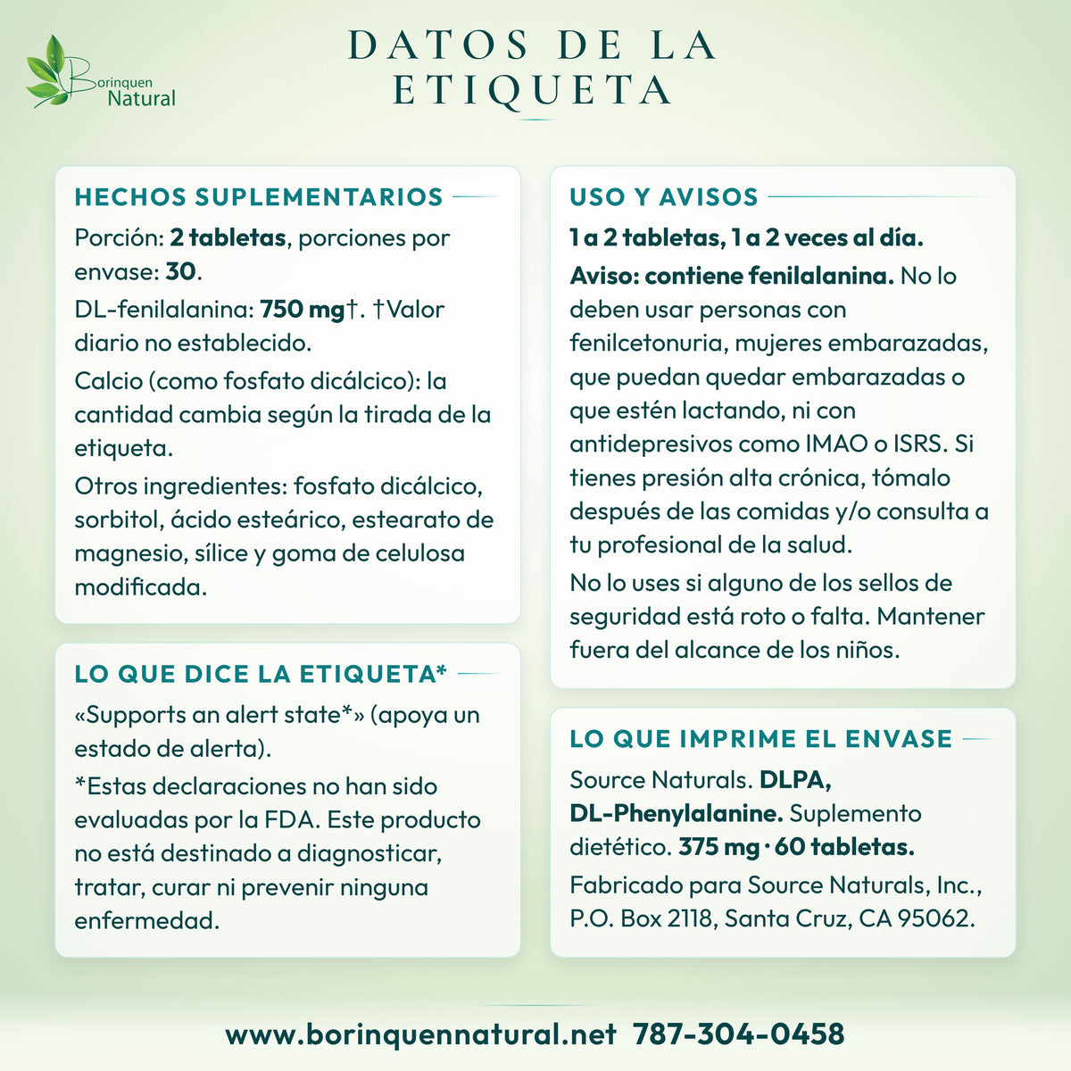 Datos de la etiqueta del DLPA Source Naturals: hechos suplementarios, frases de la marca, uso y avisos