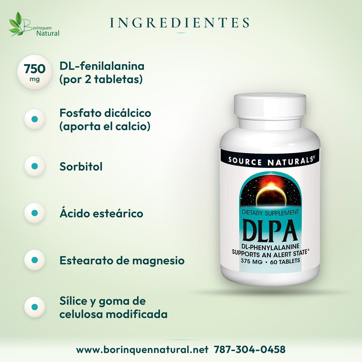 Ingredientes: DL-fenilalanina, fosfato dicálcico, sorbitol, ácido esteárico, estearato de magnesio, sílice y goma de celulosa