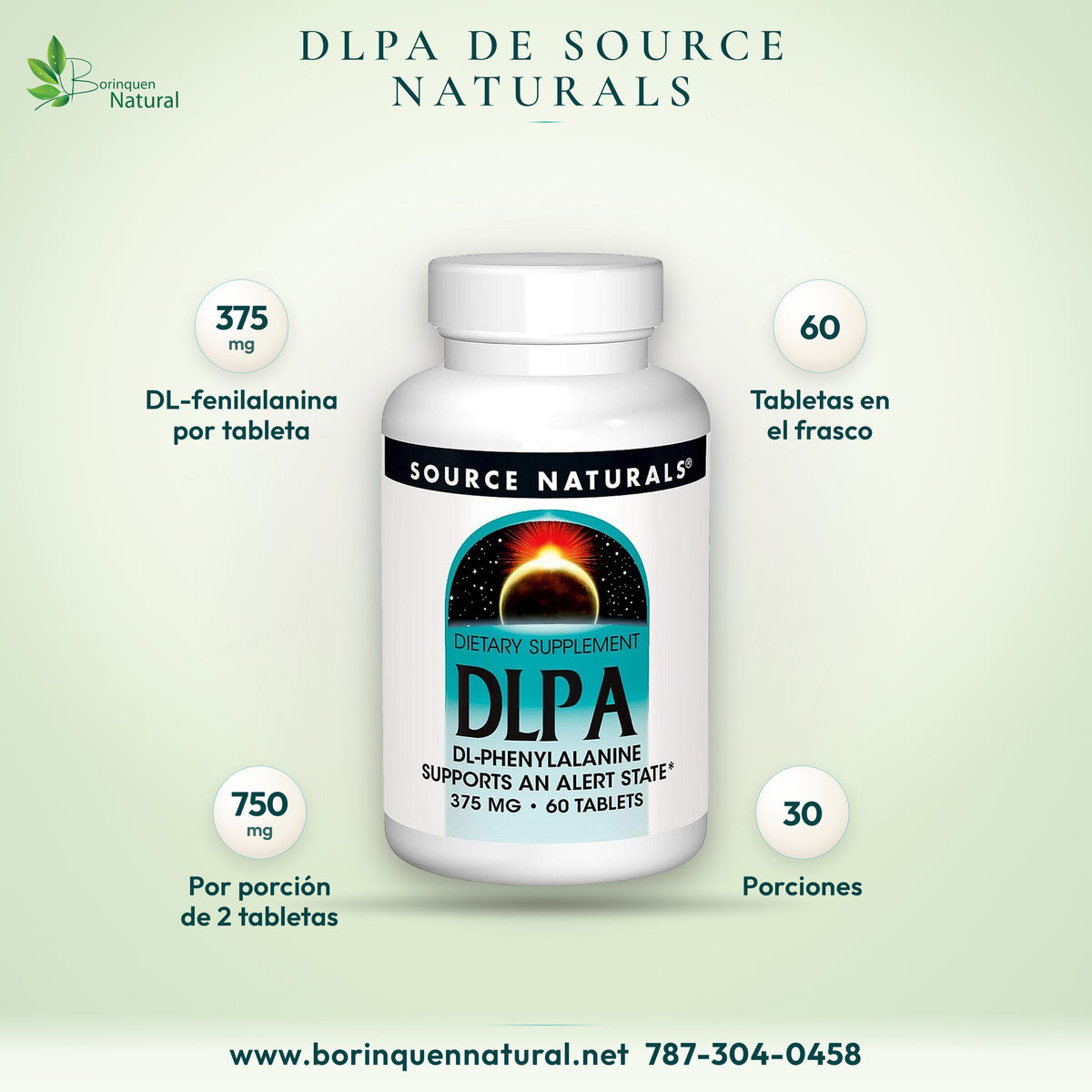 DLPA (DL-fenilalanina) de Source Naturals, 375 mg por tableta, frasco de 60 tabletas