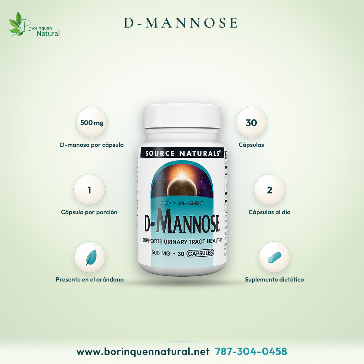 D-Mannose de Source Naturals, D-manosa 500 mg por cápsula, frasco de 30 cápsulas