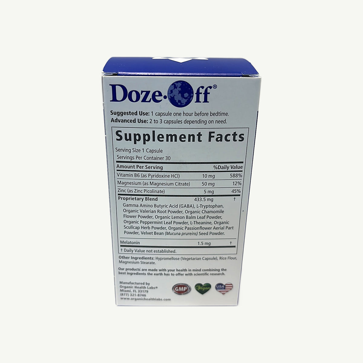 Doze-Off: foto real del panel de la caja en la tienda, con uso sugerido, Supplement Facts y otros ingredientes