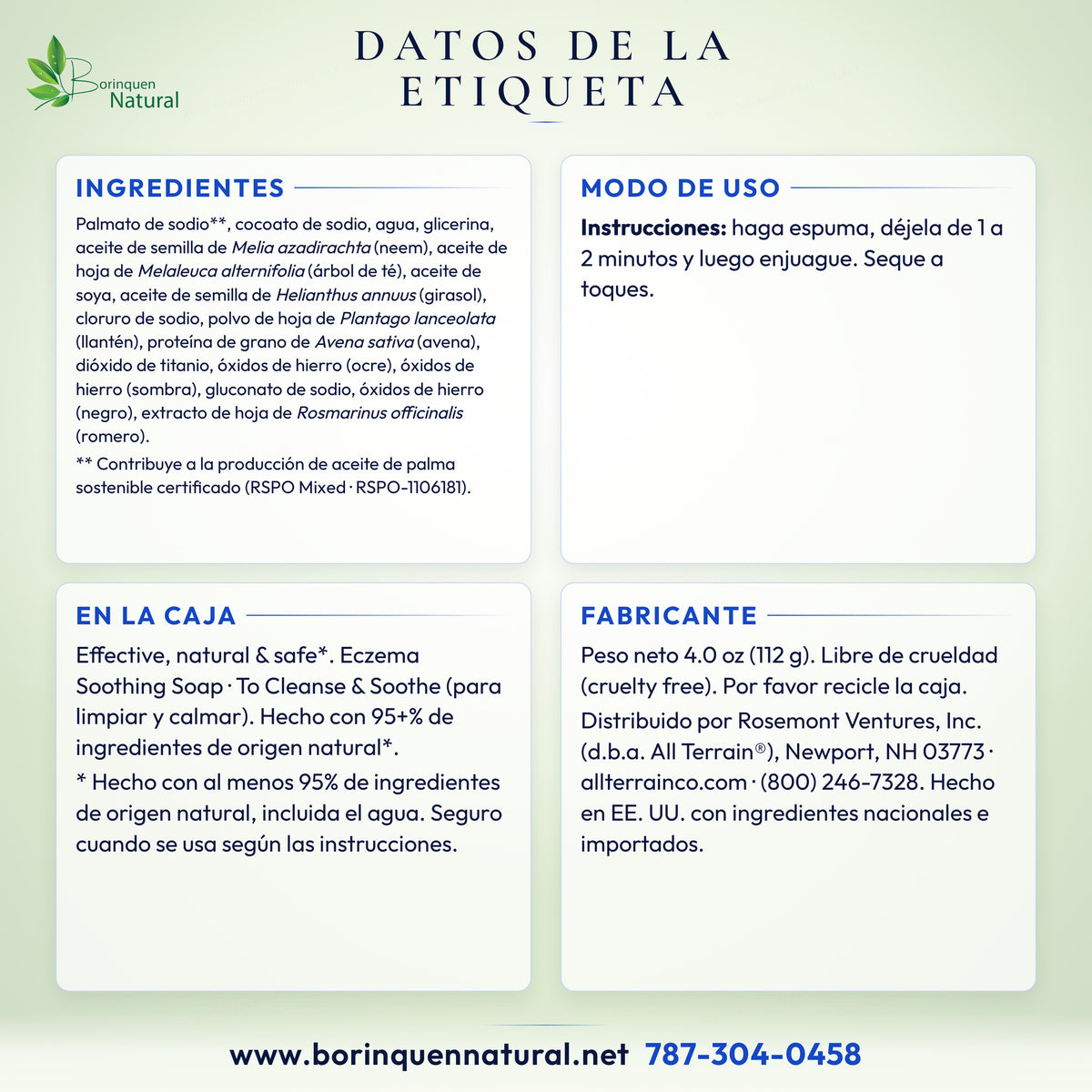 Datos de la etiqueta del jabón Eczema Soothing All Terrain: modo de uso, ingredientes y lo que dice la caja