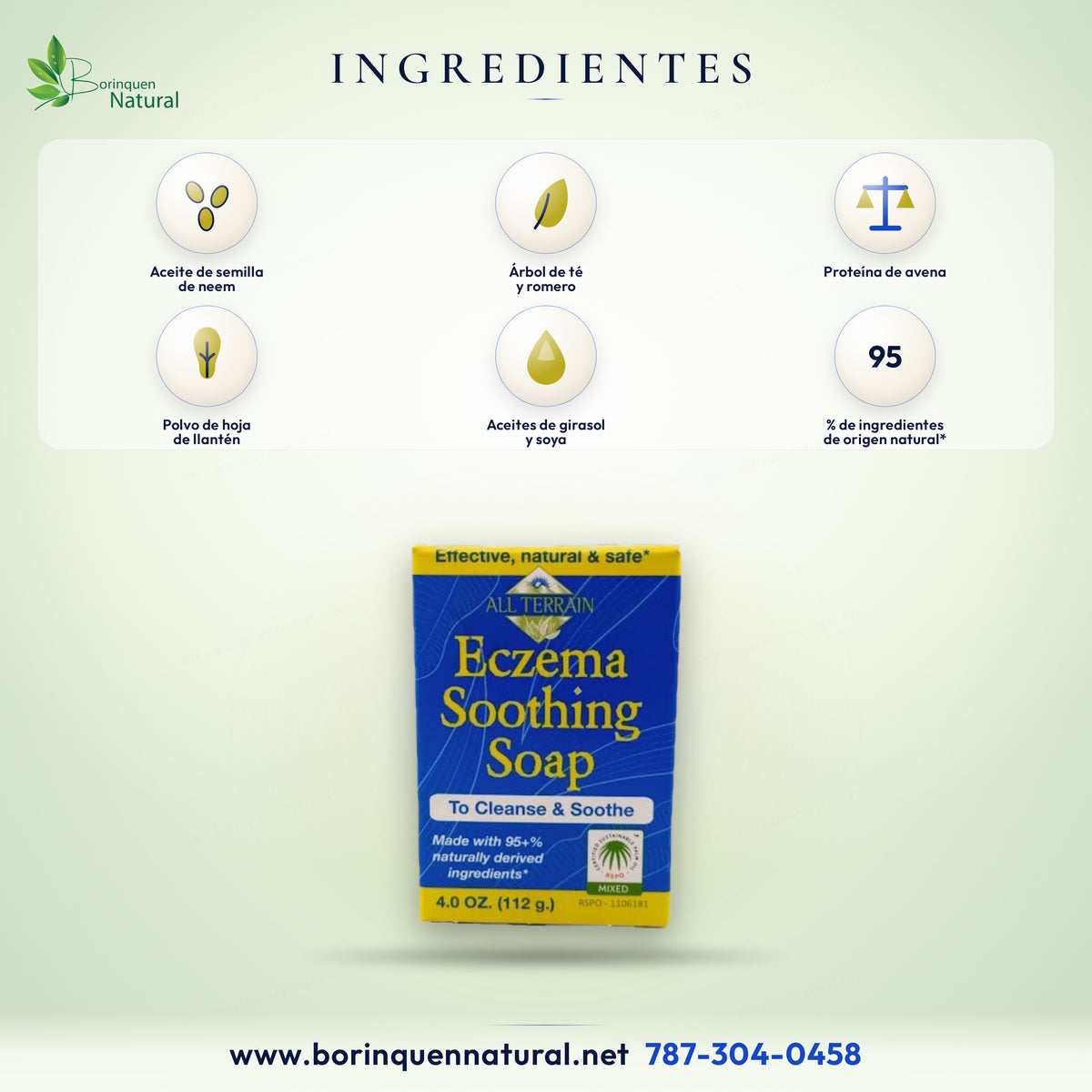 Ingredientes del jabón Eczema Soothing All Terrain: neem, árbol de té, avena, llantén y romero