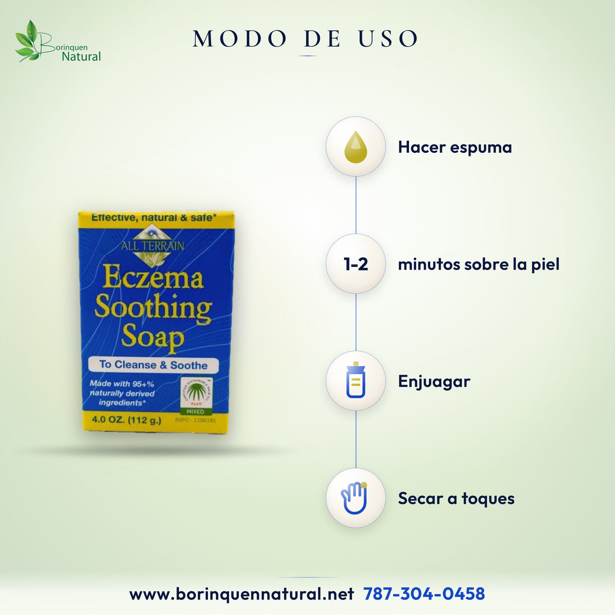 Modo de uso del jabón Eczema Soothing All Terrain: hacer espuma, dejar 1-2 minutos, enjuagar y secar a toques