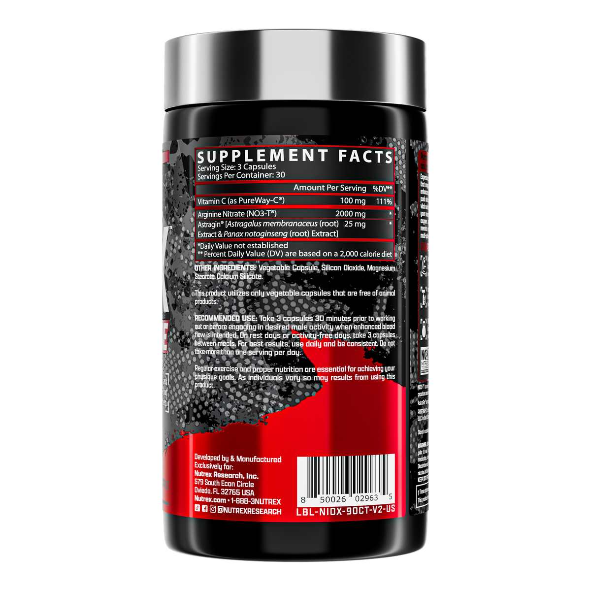Frasco NIOX de Nutrex Research, 90 cápsulas — etiqueta con los ingredientes