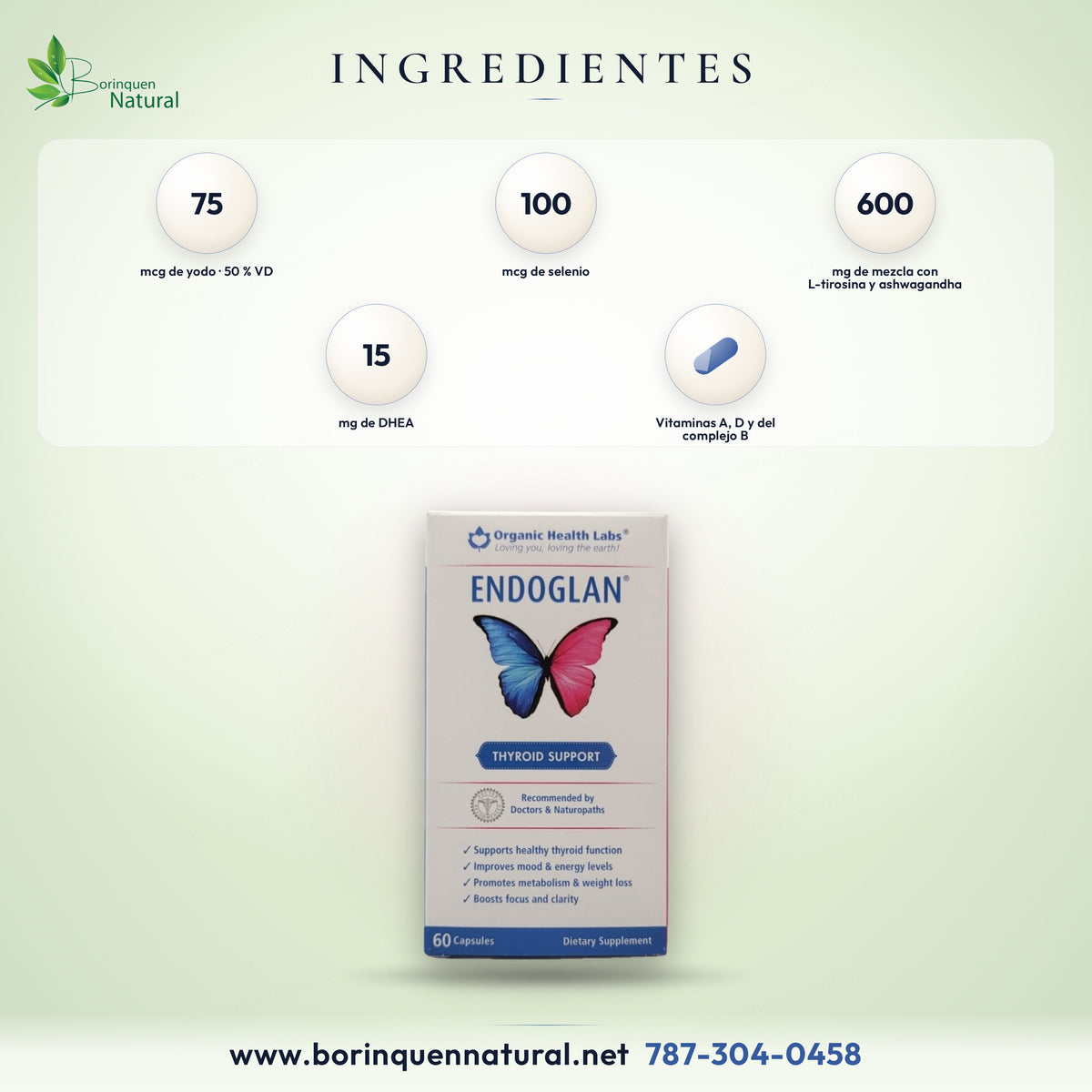 Ingredientes de Endoglan: vitaminas, yodo de kelp, selenio, zinc y mezcla de 600 mg con L-tirosina y ashwagandha