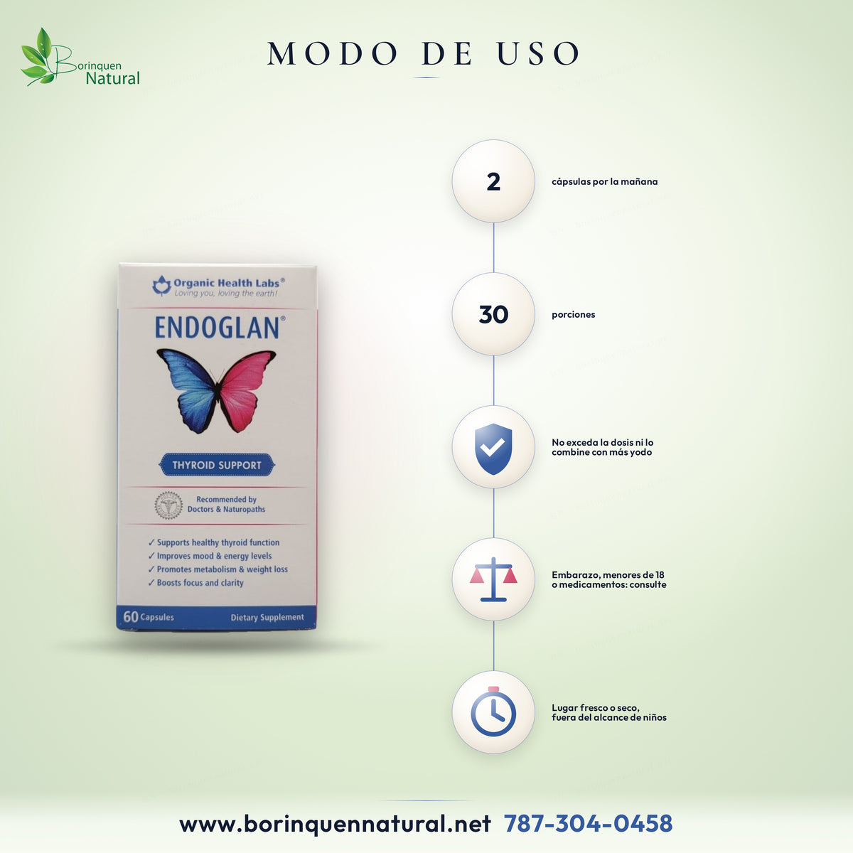 Modo de uso de Endoglan: 2 cápsulas por la mañana, 30 porciones