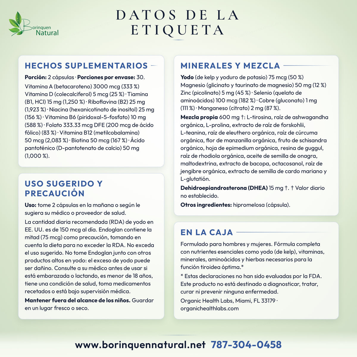 Datos de la etiqueta de Endoglan de Organic Health Labs: Supplement Facts, uso y precaución