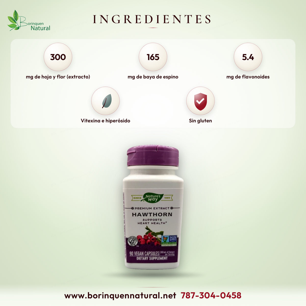 Ingredientes del espino blanco de Nature's Way: extracto de hoja y flor (300 mg) y baya de espino blanco (165 mg)
