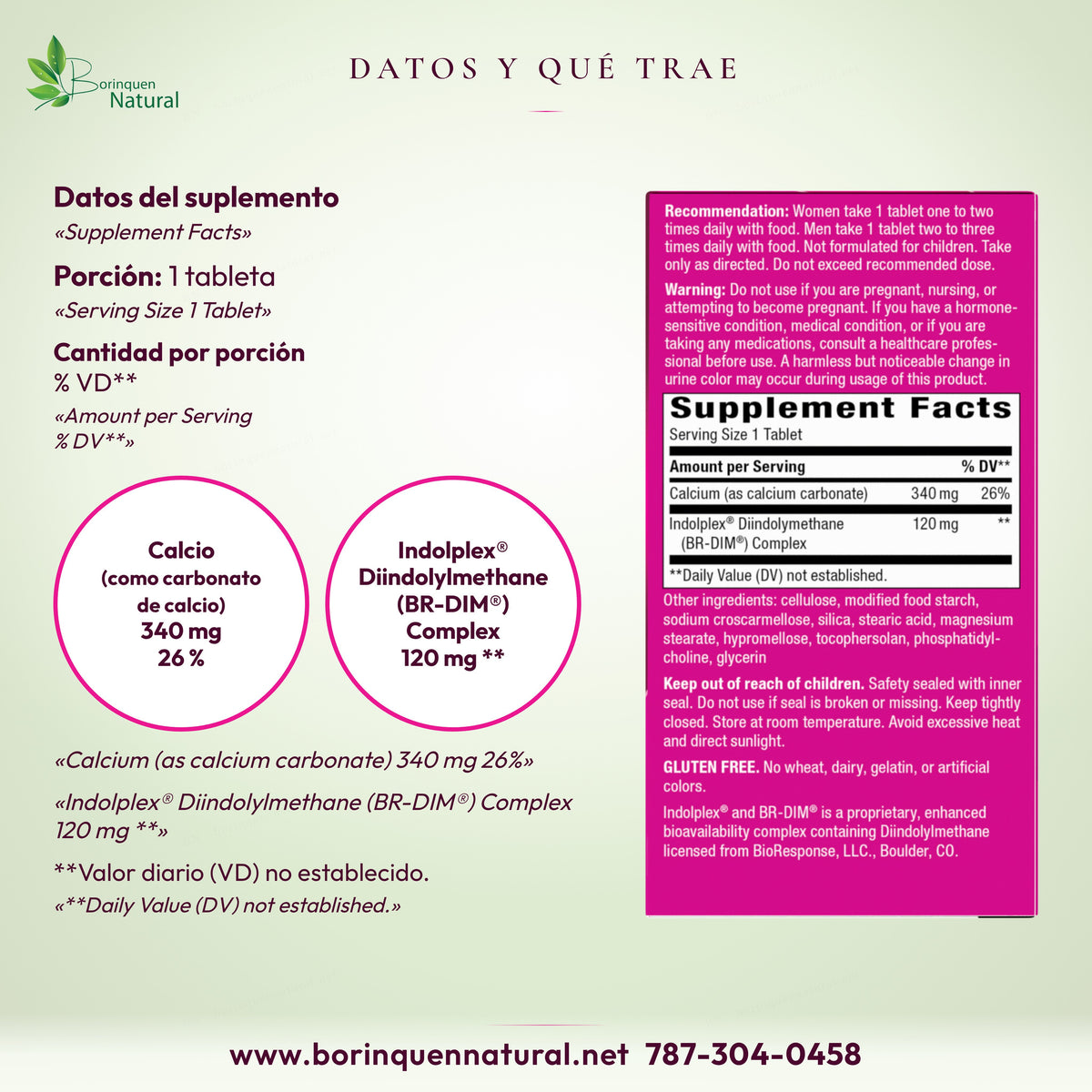 Estrobalance: calcio (como carbonato de calcio) 340 mg, 26 %; Indolplex Diindolylmethane (BR-DIM) Complex 120 mg.