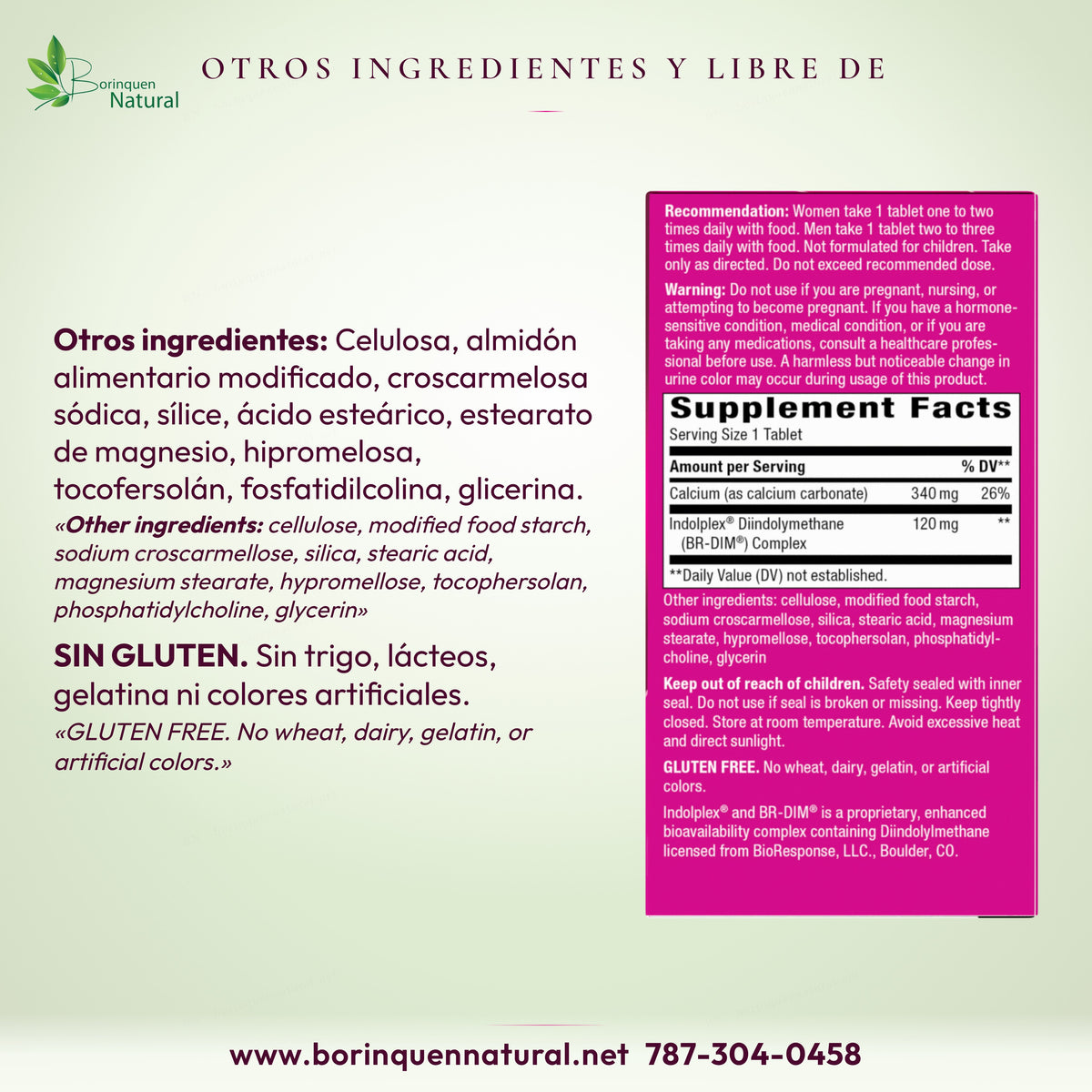 Estrobalance: otros ingredientes; sin gluten, trigo, lácteos, gelatina ni colores artificiales.