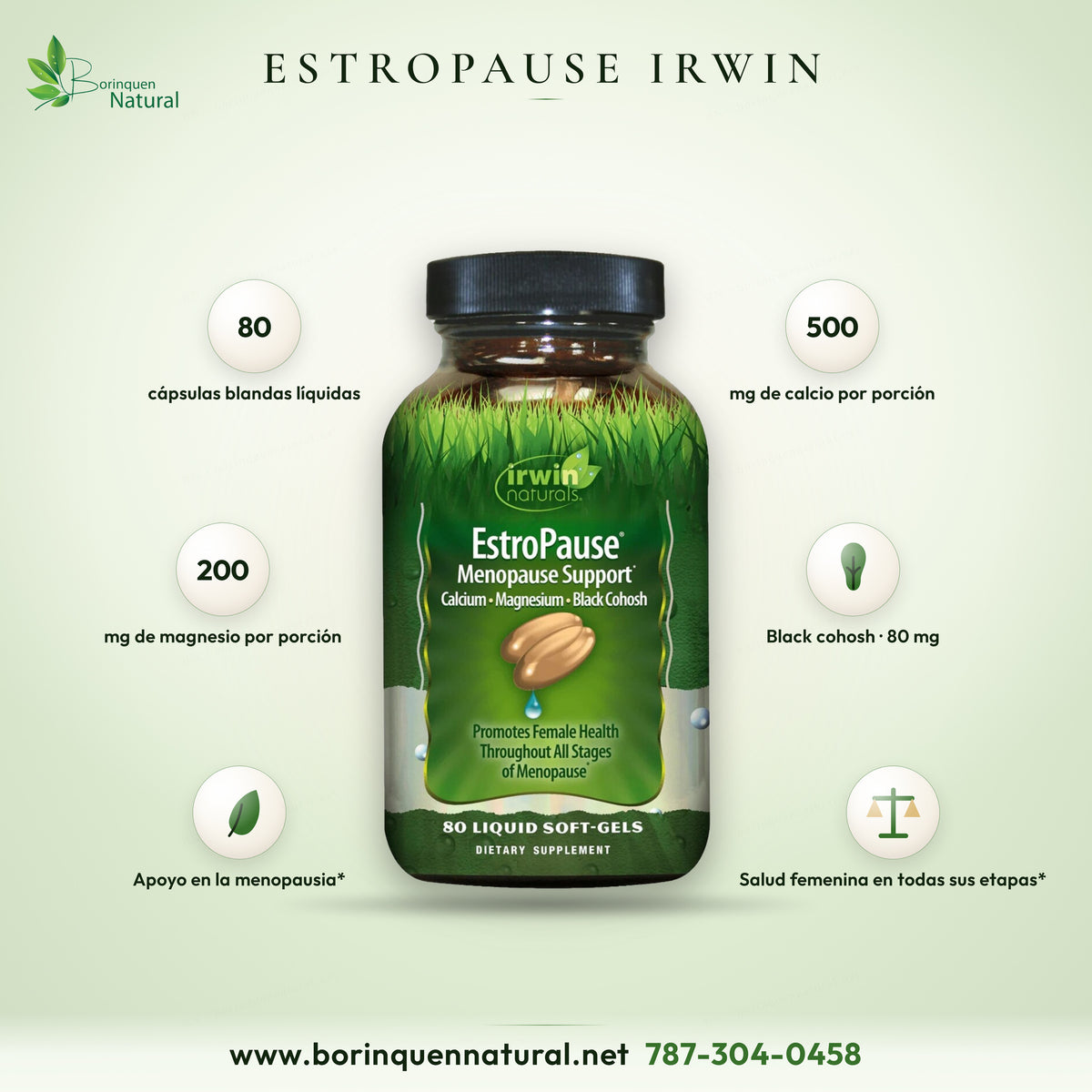 Lámina de EstroPause Menopause Support de Irwin Naturals: calcio, magnesio y black cohosh, 80 cápsulas blandas