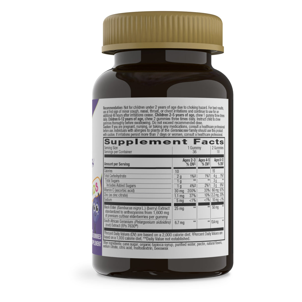 Sambucus Kids Cough Relief + Immune de Nature's Way: etiqueta del envase, Supplement Facts en el frasco