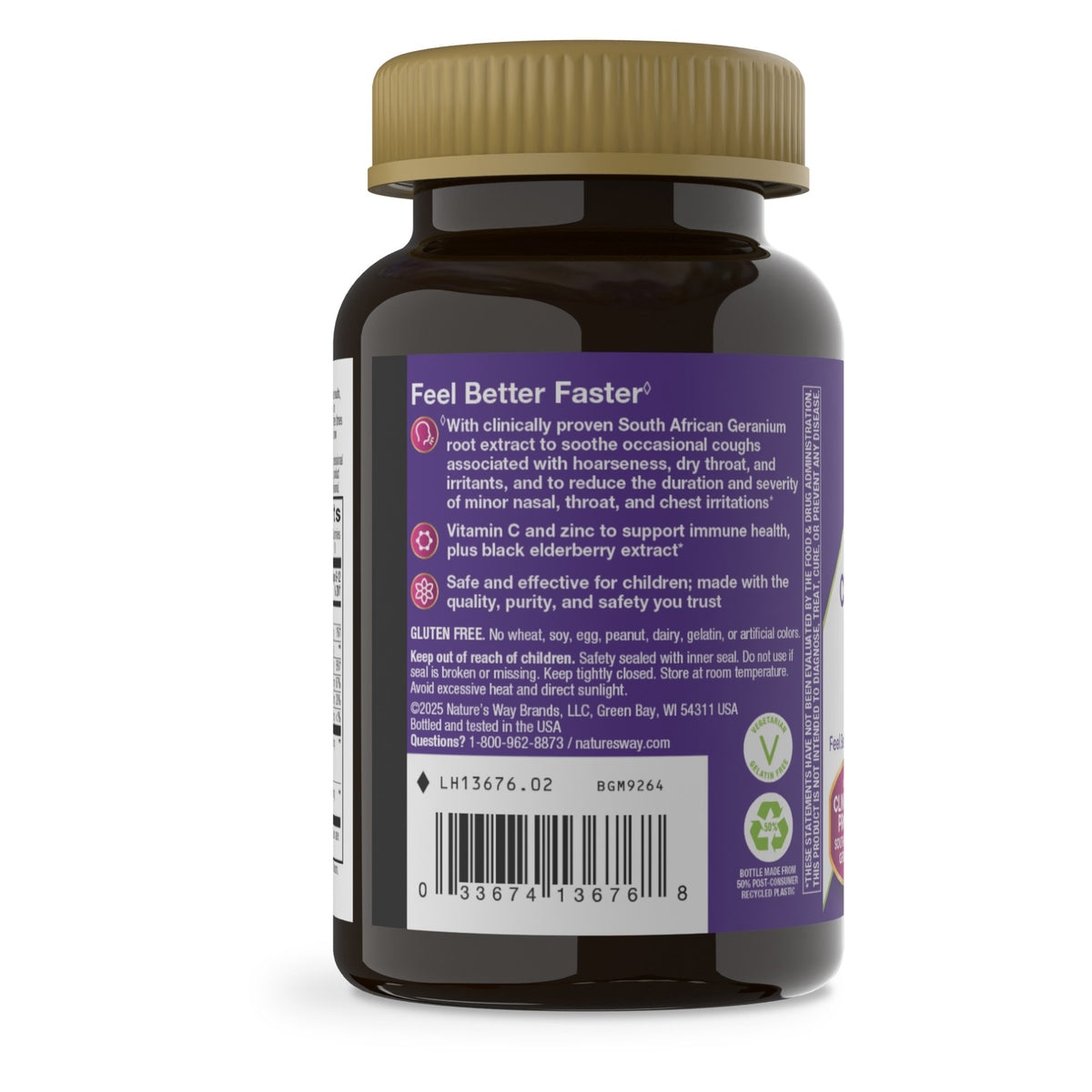 Sambucus Kids Cough Relief + Immune de Nature's Way: etiqueta del envase, lateral con el código de barras