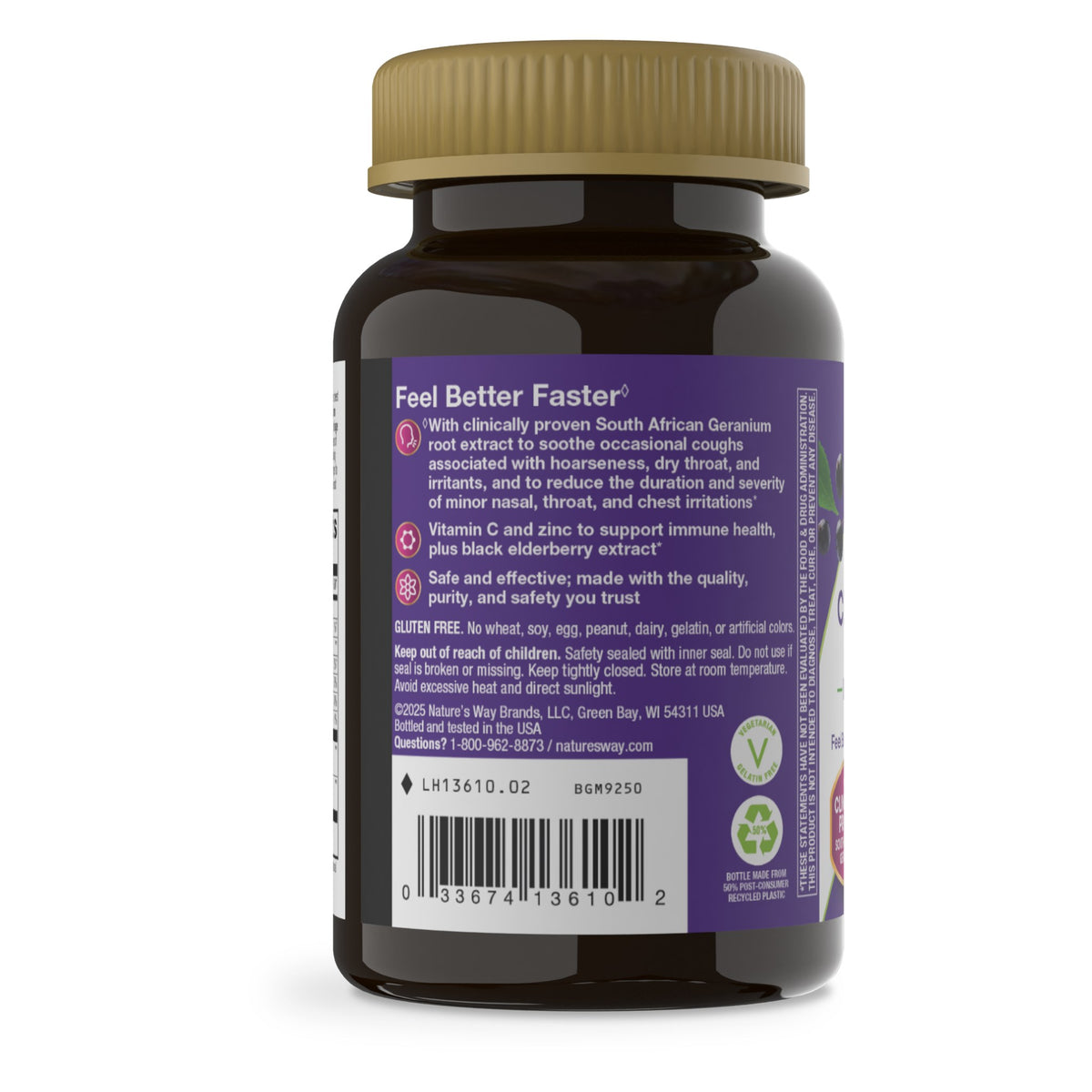 Sambucus Cough Relief + Immune de Nature's Way: etiqueta del envase, lateral con el código de barras