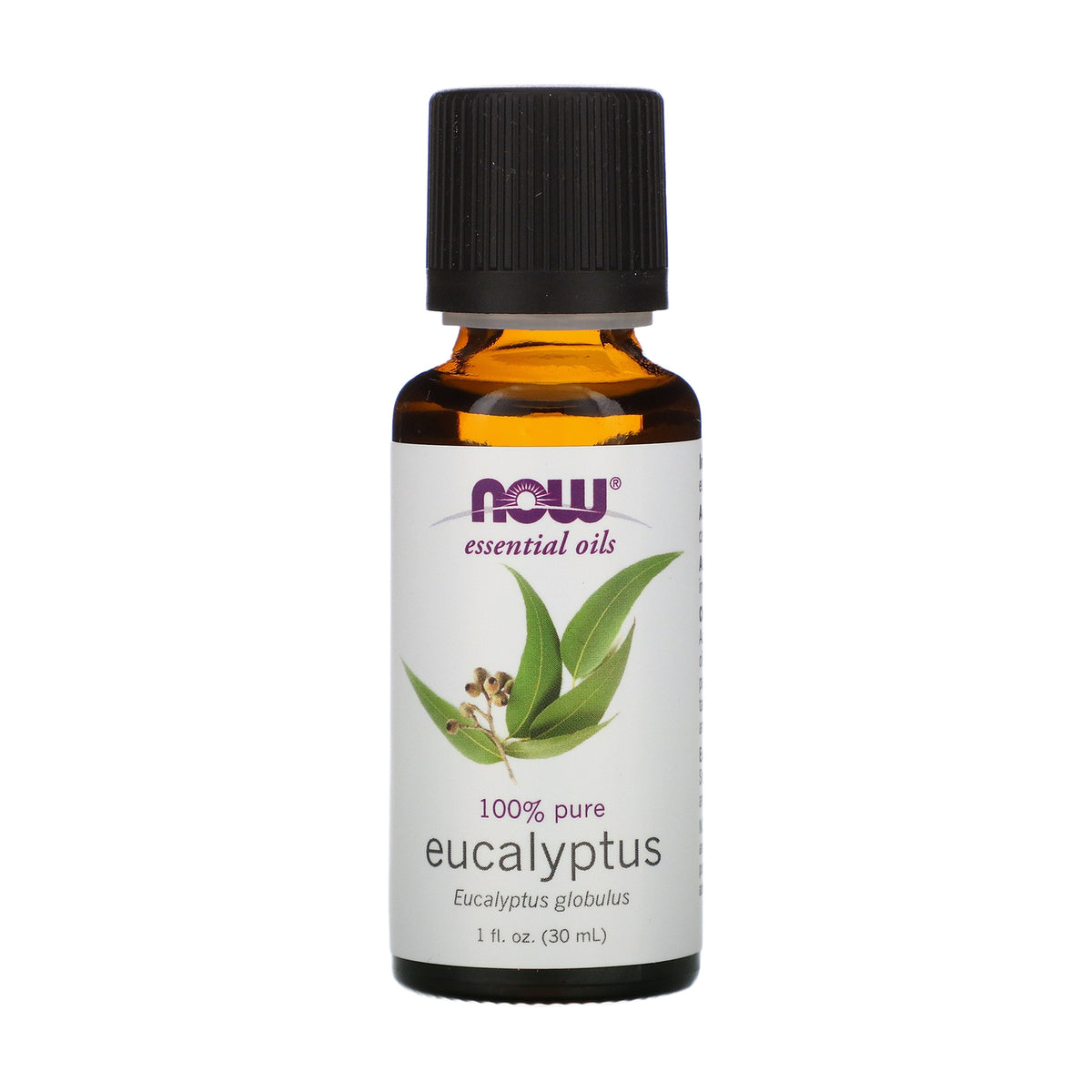 Aceite esencial de eucalipto NOW Essential Oils 100 % puro, Eucalyptus globulus, frasco de 1 fl oz (30 mL), frente