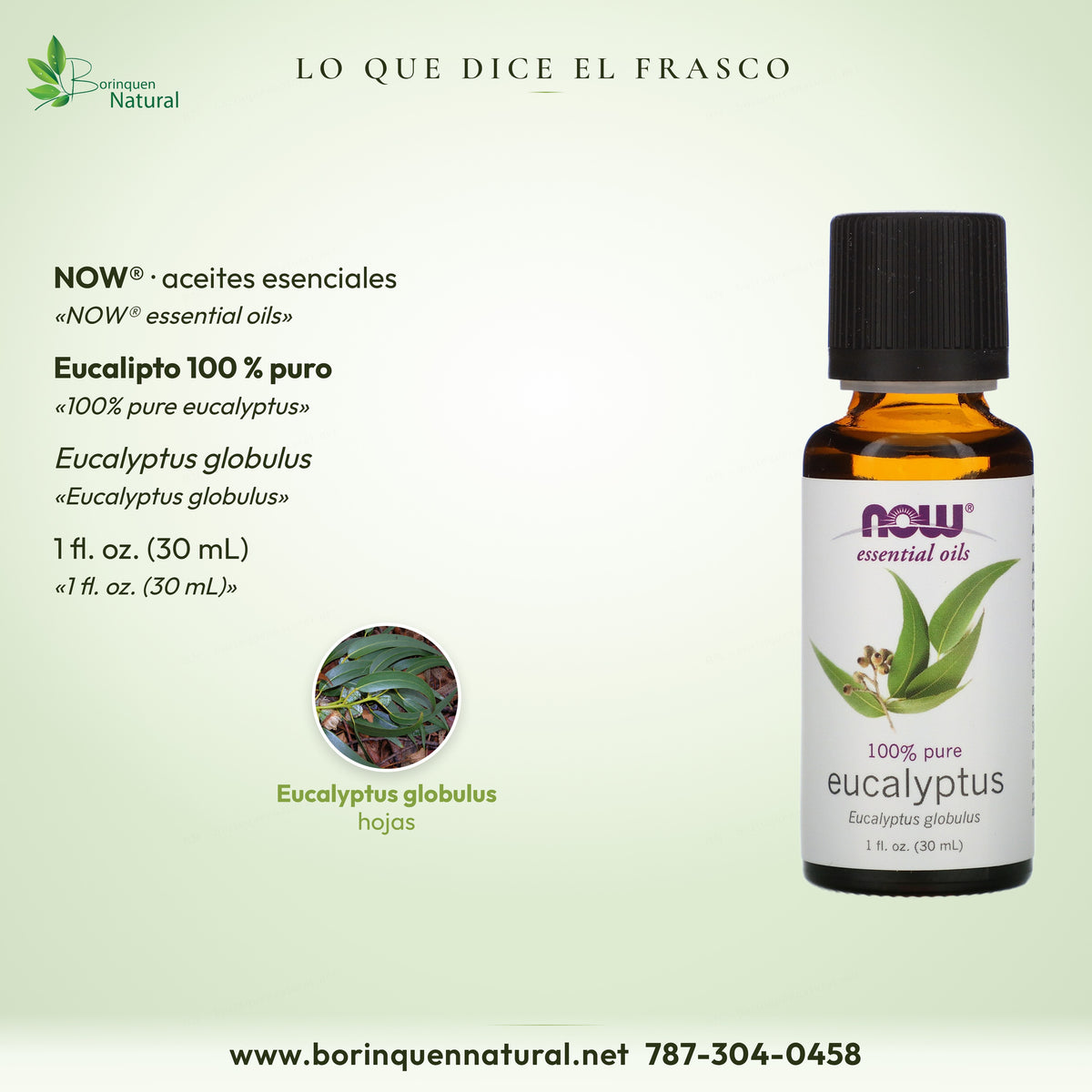 Lo que dice el frasco de eucalipto NOW: NOW essential oils, 100 % puro, Eucalyptus globulus, 1 fl oz (30 mL)