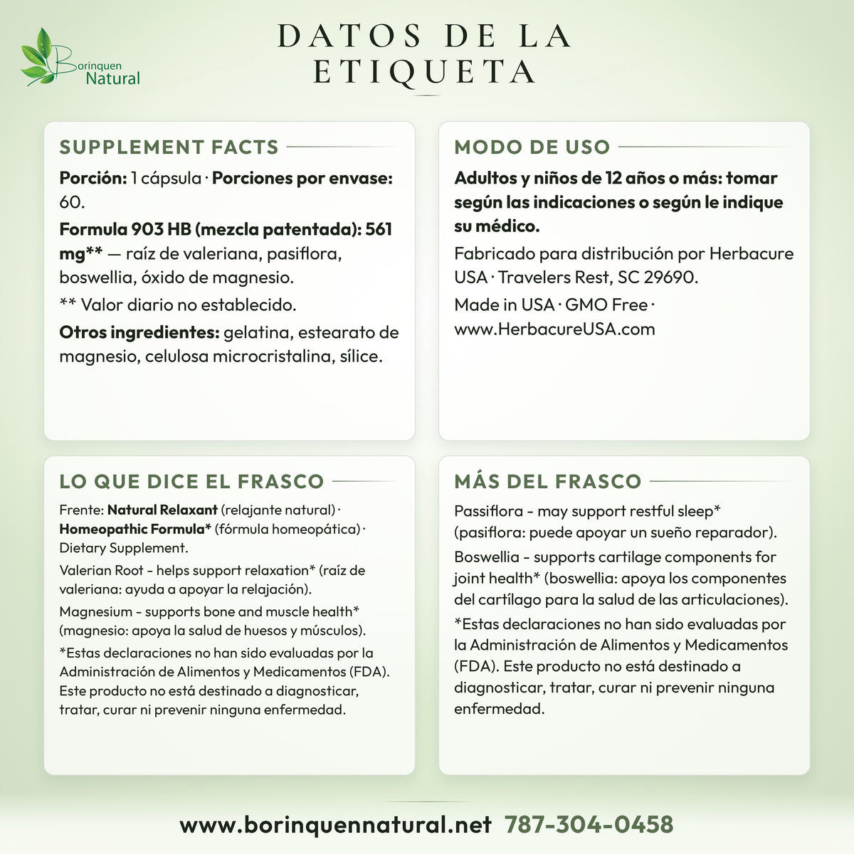 Datos de la etiqueta de Formula 903-HB Herbacure: Supplement Facts, modo de uso, distribuidor y lo que dice el frasco