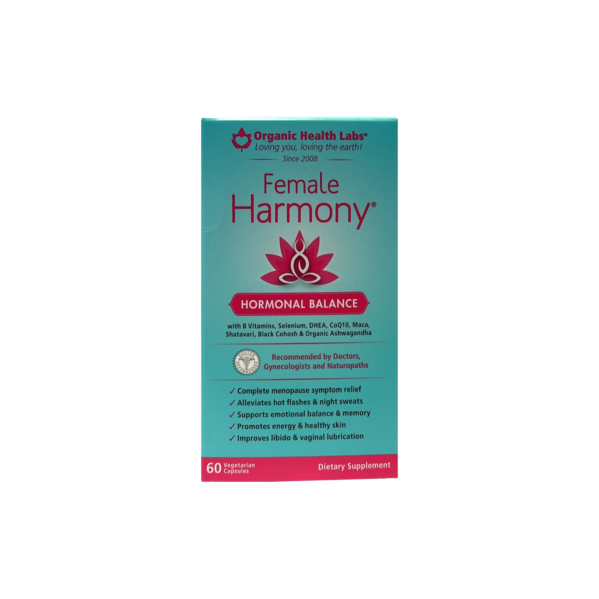 Female Harmony Hormonal Balance de Organic Health Labs, caja de 60 cápsulas vegetarianas, suplemento dietético