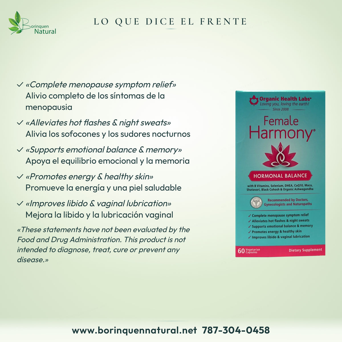 Lo que dice el frente de Female Harmony: síntomas de la menopausia, sofocones, memoria, energía, piel y libido