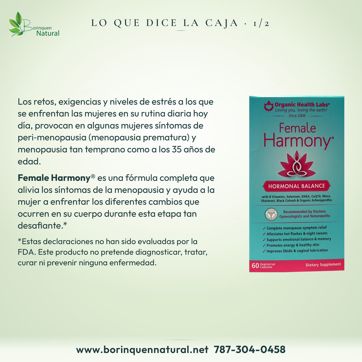 Lo que dice la caja de Female Harmony, 1 de 2: estrés, peri-menopausia desde los 35 años y una fórmula completa
