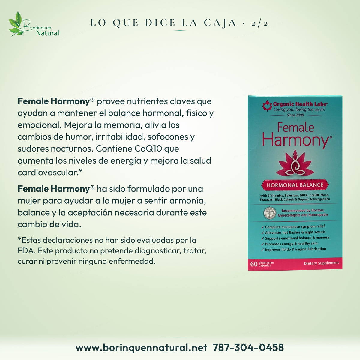 Lo que dice la caja de Female Harmony, 2 de 2: balance hormonal, físico y emocional, CoQ10 y formulado por una mujer