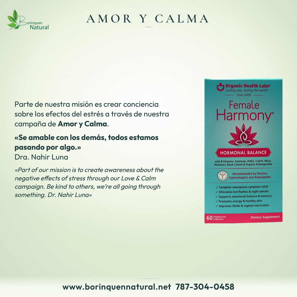 Amor y Calma de Female Harmony: misión de Organic Health Labs sobre el estrés y «Se amable con los demás», Dra. Nahir Luna