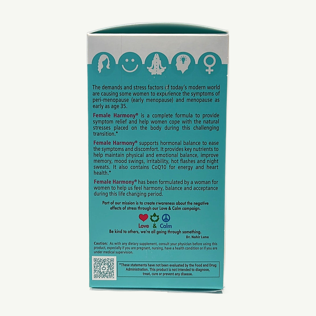Costado en inglés de la caja de Female Harmony: Love & Calm, Caution y aviso de la FDA