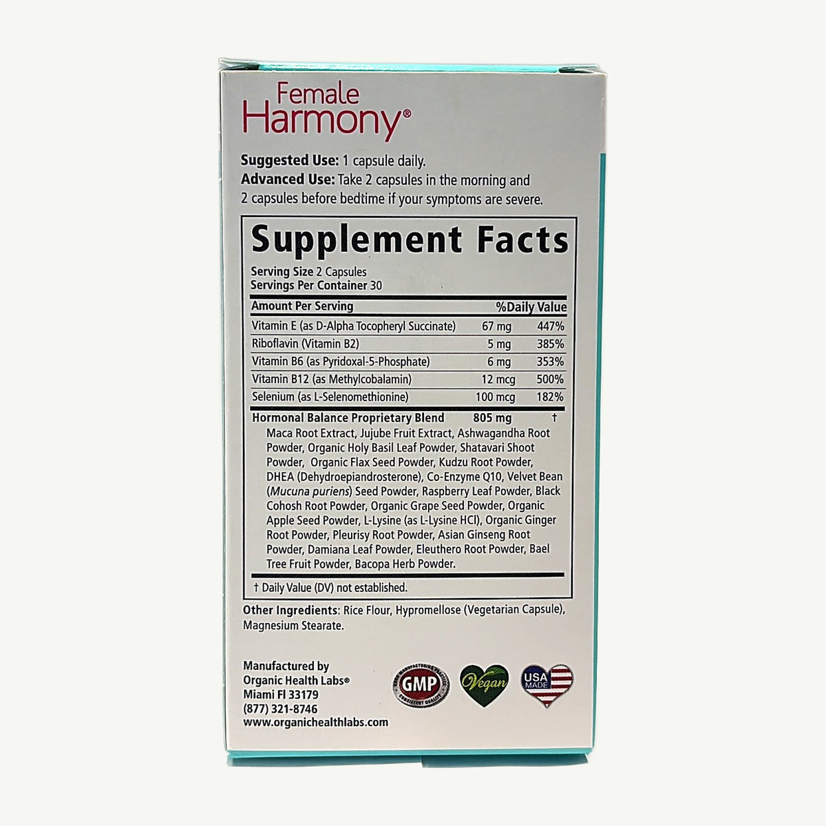 Supplement Facts de Female Harmony: Suggested Use, mezcla Hormonal Balance de 805 mg y Other Ingredients